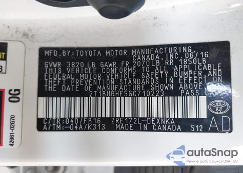 2016 Toyota Corolla Le from USA, damaged, VIN 2T1BURHE5GC710223